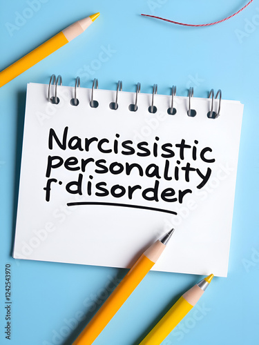 Narcissistic personality disorder or NPD diagnosis written on notepad in blue background. Flat lay composition. photo