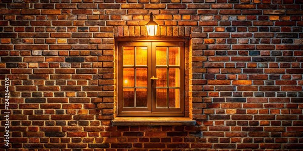 Fototapeta premium Vintage Charm: Low Light Photography of an Orange Brick Wall with Wooden Window and White Glass Accents for Timeless Home Decor Inspiration