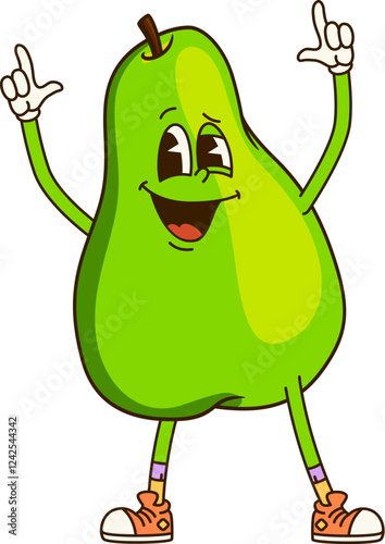 Cartoon retro groovy green pear fruit character. Isolated vector food personage with expressive eyes, a smiling face and sneakers, cheerfully pointing up, exuding hippie fun and playful summer vibes
