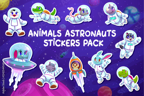 Cartoon animal astronauts characters stickers pack. Cute penguin, rabbit and crocodile, raccoon, mouse and hippo. Rhino, elephant, owl and dinosaur dressed as cosmonauts floating in galaxy outer space