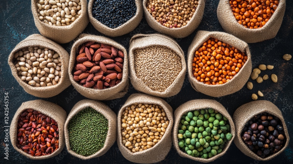 Colored healthy lentils in jute bags on a market stall, 16:9 Colored healthy lentils in jute bags on a market stall, 16:9
