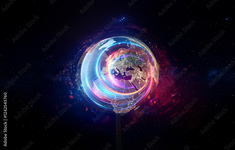 Obraz premium A glowing Earth with continents outlined, illuminated by a network of lines extending from the surface into space.