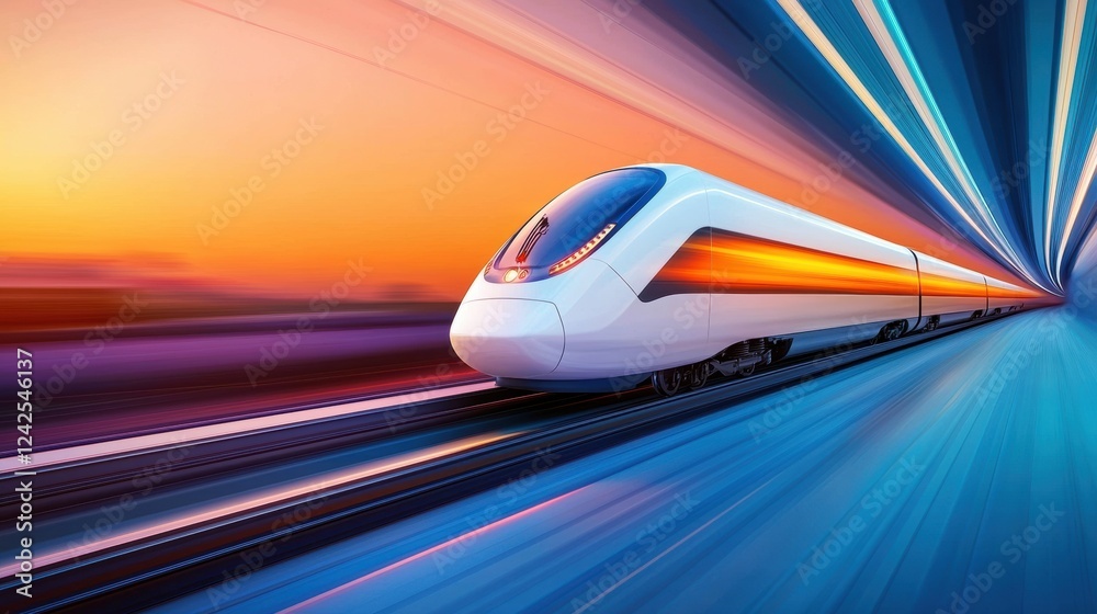 Obraz premium Train High Speed Motion Blur Side view of a hyperloop train racing through landscapes, motion blur capturing its ultra high speed.