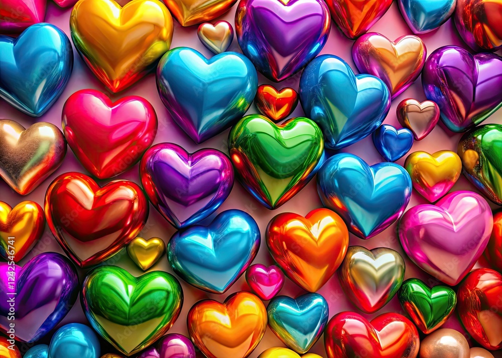 Fototapeta premium Romantic Valentine's Day background featuring a collection of glossy, colorful hearts.