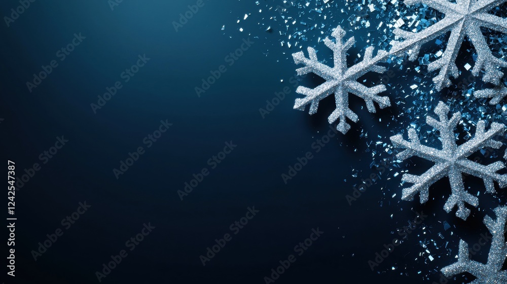 Fototapeta premium Sparkling Snowflake on Dark Backgrounds Glittering snowflakes shimmering against a deep midnight blue background, evoking a festive holiday mood.