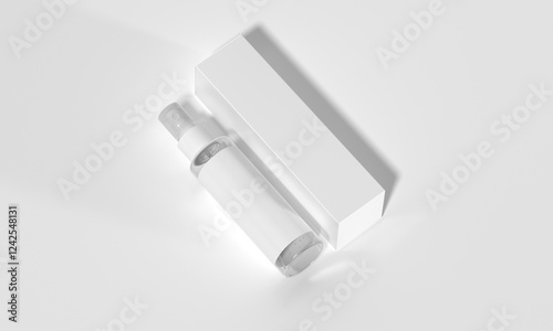 Transparent spray bottle and box mockup, 3D render, blank packaging for cosmetics products