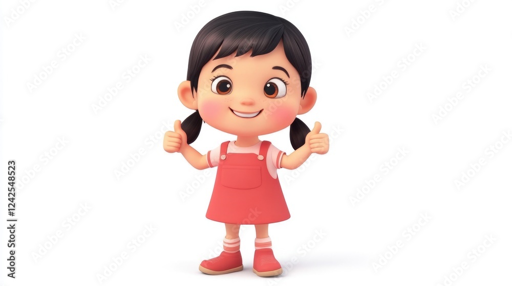 Cheerful animated girl character with dark hair in pigtails giving thumbs up in a bright red dress and shoes on a clean white background Cheerful animated girl character with dark hair in pigtails giving thumbs up in a bright red dress and shoes on a clean white background
