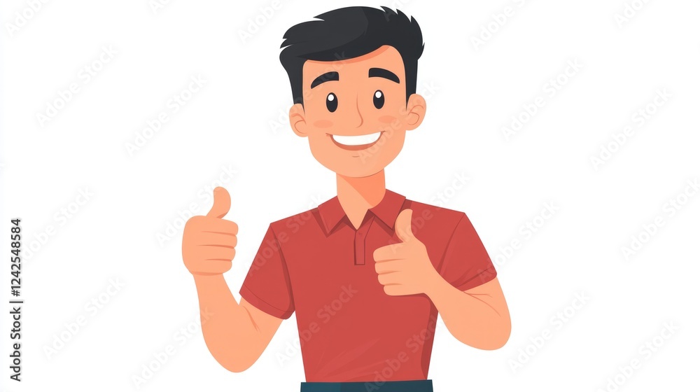 Cheerful young Asian man in red casual shirt giving thumbs up gesture expressing agreement, isolated on white background, positive attitude concept. Cheerful young Asian man in red casual shirt giving thumbs up gesture expressing agreement, isolated on white background, positive attitude concept.