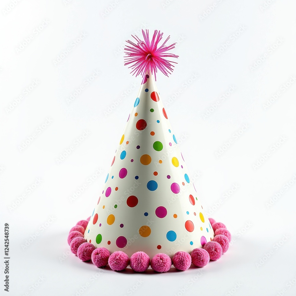 Fototapeta premium White Party Hat on a Pure White Background with Polka Dots and Pom Poms