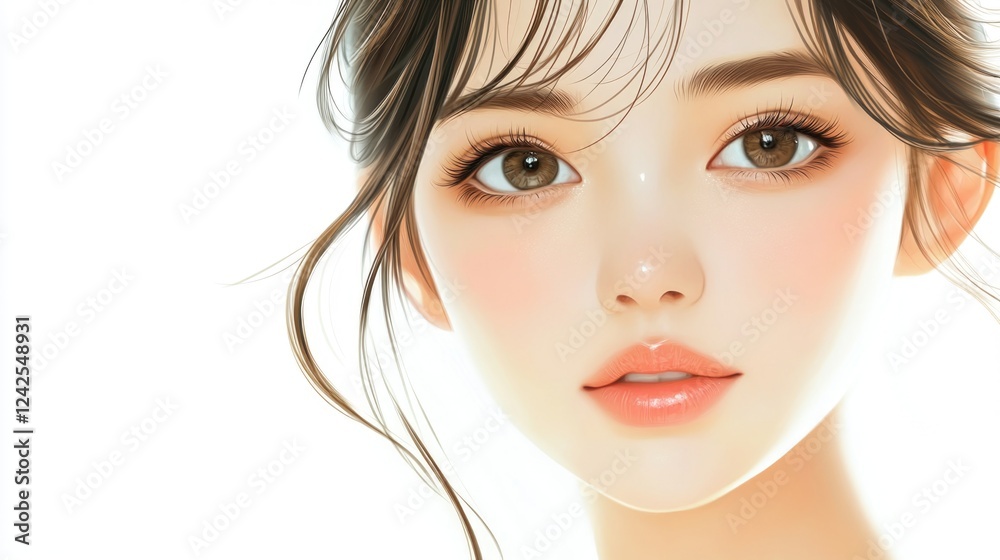 Portrait of a beautiful young Asian woman with fresh glowing skin and delicate features on a bright white background, highlighting beauty and skincare aesthetics. Portrait of a beautiful young Asian woman with fresh glowing skin and delicate features on a bright white background, highlighting beauty and skincare aesthetics.