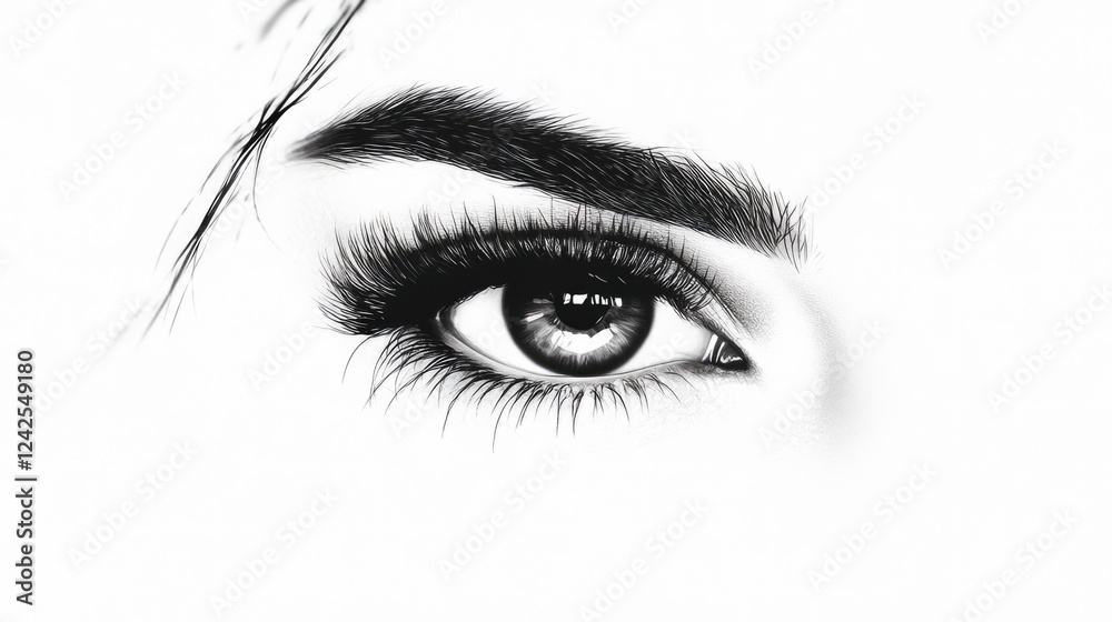 Obraz premium Elegant monochrome close-up of a woman's eye showcasing exquisite eyelashes and detailed eyebrow, isolated on a pristine white background for skincare beauty concepts.