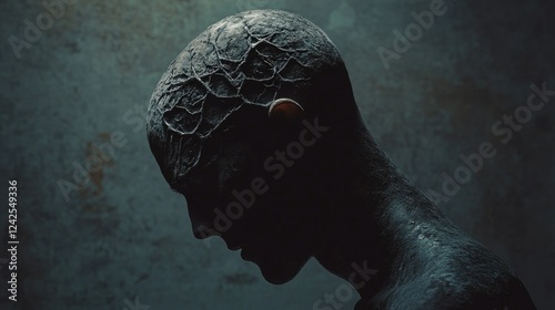 Ethereal silhouette of a man with cracked texture skin depicting mental illness against a moody dark background symbolizing dissociative identity disorder. photo