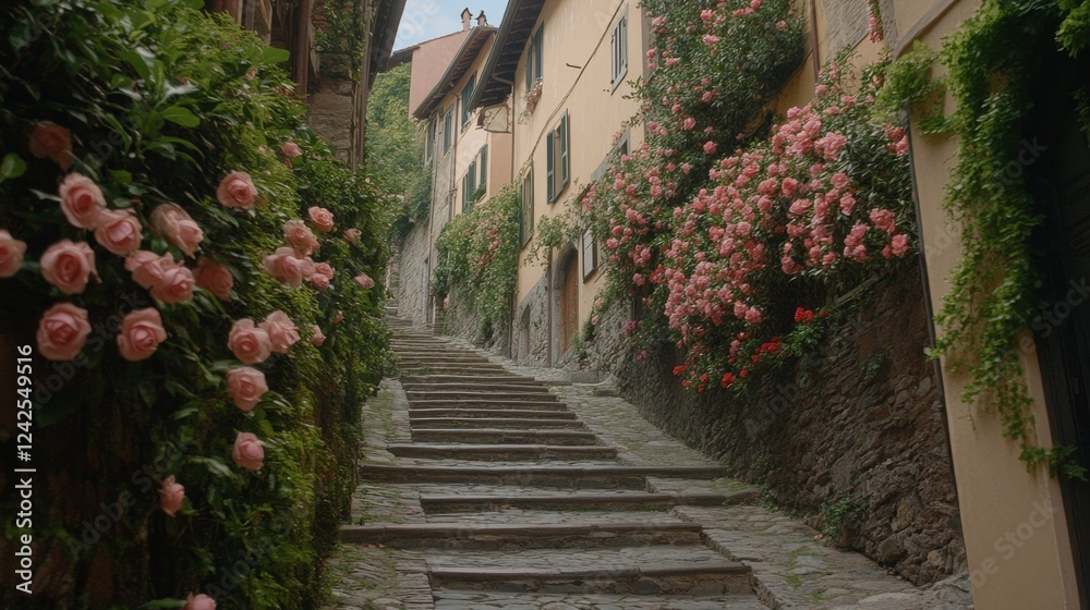 Fototapeta premium Rose-Covered Stone Steps in Charming Italian Village