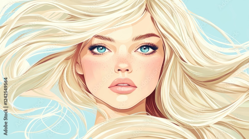 Natural beauty portrait of young woman with long blonde hair and blue eyes, soft features, flowing hair against light blue background, hair care concept. Natural beauty portrait of young woman with long blonde hair and blue eyes, soft features, flowing hair against light blue background, hair care concept.