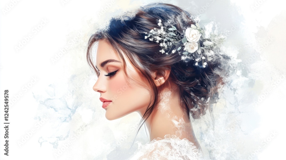 Elegant bridal portrait of a woman with long brown hair adorned with white floral decoration against a soft white background, showcasing timeless fashion style. Elegant bridal portrait of a woman with long brown hair adorned with white floral decoration against a soft white background, showcasing timeless fashion style.