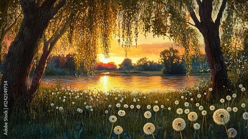 Serene Sunset Under Weeping Willows with Dandelions in Bloom. Peaceful and Enchanting Scene Capturing Nature's Beauty.