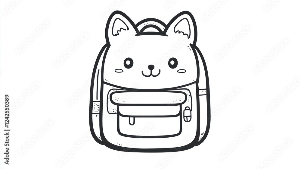 Cute cat backpack, school supplies, classroom background, kids illustration Cute cat backpack, school supplies, classroom background, kids illustration