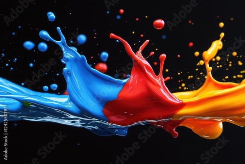 Vibrant blue, red, and yellow paint splashes collide against a black backdrop. Ideal for designs needing energy, creativity, or vibrant color themes.