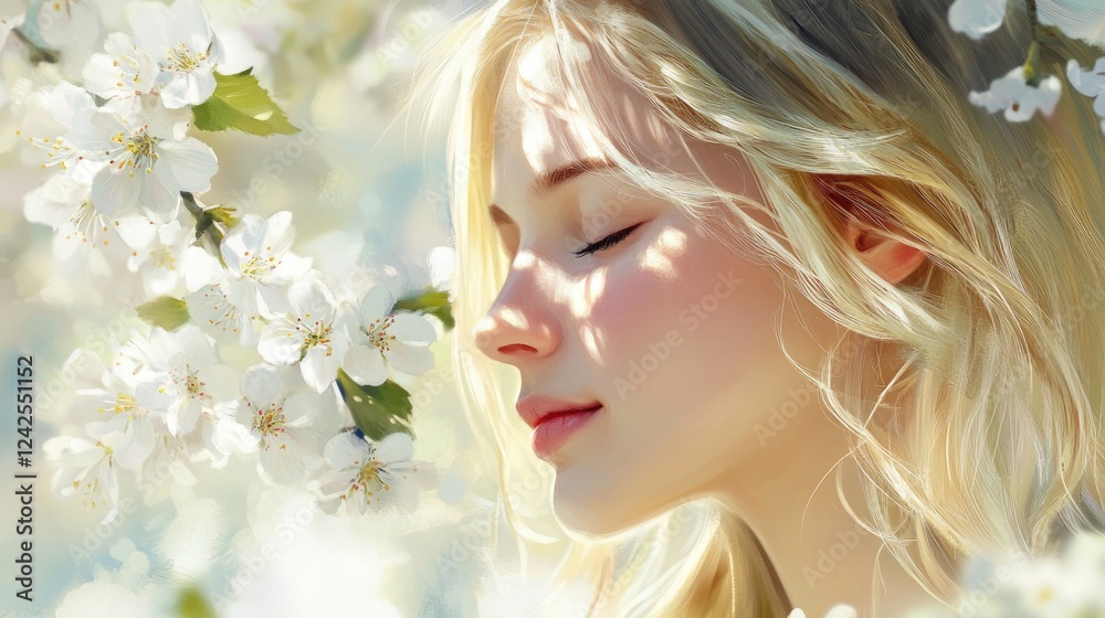 Portrait of a serene young blonde woman with closed eyes against a backdrop of delicate white cherry blossoms in soft spring sunlight Portrait of a serene young blonde woman with closed eyes against a backdrop of delicate white cherry blossoms in soft spring sunlight