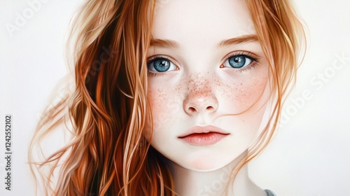 Portrait of a young girl with long wavy auburn hair and blue eyes featuring freckles against a clean white background, highlighting innocence and beauty. photo