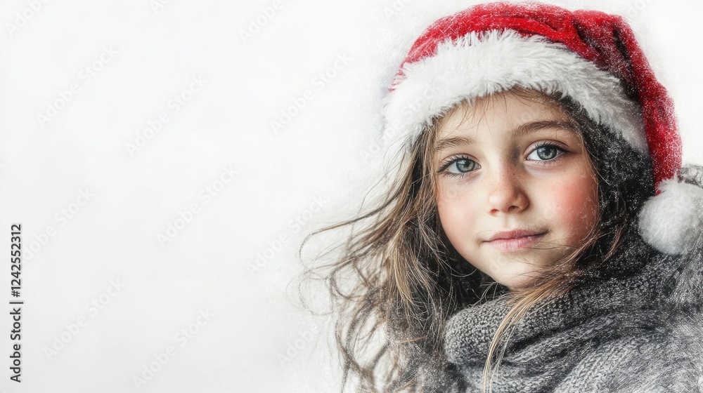 Smiling 10-year-old girl with long brown hair wearing a festive red Santa hat, cozy gray sweater against a soft white background. Smiling 10-year-old girl with long brown hair wearing a festive red Santa hat, cozy gray sweater against a soft white background.