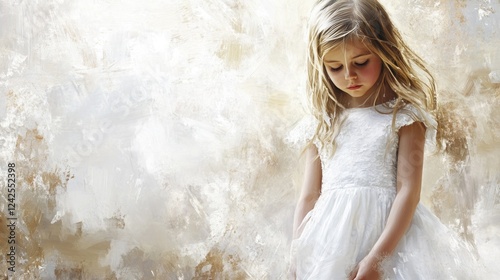 Young girl in a white dress looking down with soft golden hues in the background, capturing innocence and serenity in a dreamy setting.
