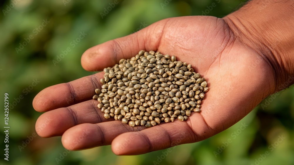 Sunn hemp seeds in a hand illustrating the potential for sustainable agriculture and soil improvement through the use of nitrogen-fixing legume seeds Sunn hemp seeds in a hand illustrating the potential for sustainable agriculture and soil improvement through the use of nitrogen-fixing legume seeds