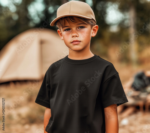 Young camper boy in beige baseball cap wearing casual black t-shirt standing in nature park, camping tent in background. Kids basic short sleeve shirt mock up. Children's regular fit tee template photo