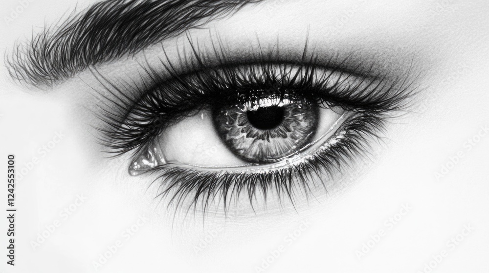 Close-up of a captivating woman's eye in monochrome showcasing intricate details, long eyelashes, and emotional depth against a soft background. Close-up of a captivating woman's eye in monochrome showcasing intricate details, long eyelashes, and emotional depth against a soft background.