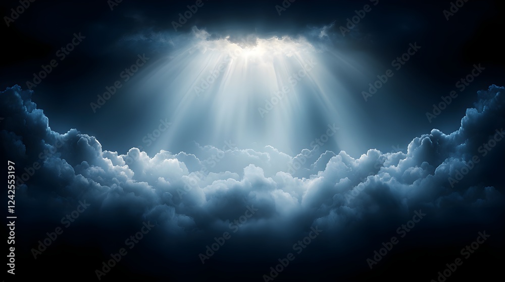 Obraz premium Heavenly Light Rays Emerging from Dark Clouds