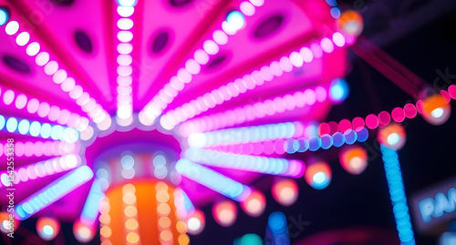 Bright carnival lights background. Neon pink, blue, and yellow bulbs glowing. Amusement park vibes.