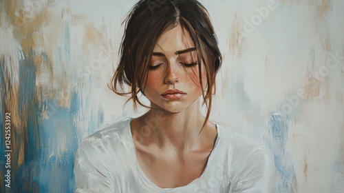 Portrait of a pensive young woman with long dark hair wearing a white shirt against a textured abstract background in soft beige and blue tones.