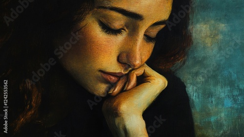 Serene young woman with long brown hair resting her chin on her hand, soft light illuminating her thoughtful expression, dark background with hints of color. photo