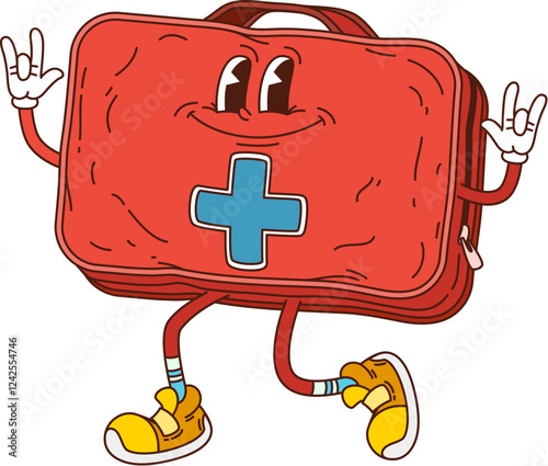 Cartoon first aid kit groovy medicine and health character with playful eyes and retro sneakers, exuding positivity and readiness. Vector red case medical care personage support, and healthy vibe
