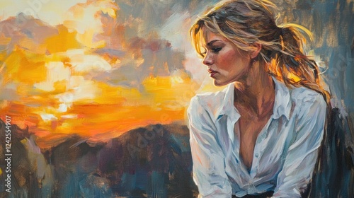 Contemplative woman in a white shirt gazing at vibrant orange and purple sunset against a dramatic cloudy sky in a mountainous landscape.