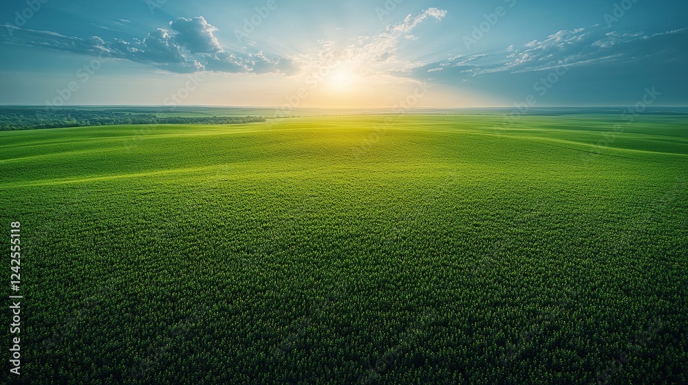 Sunset over rolling green field, distant horizon, peaceful landscape Sunset over rolling green field, distant horizon, peaceful landscape
