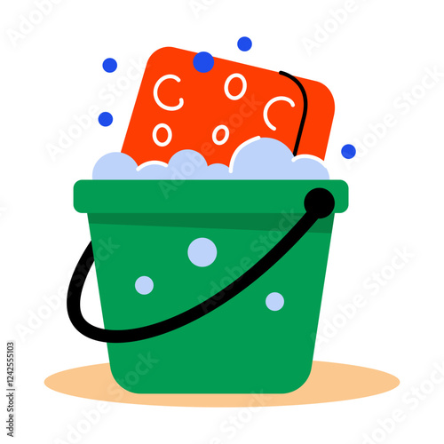 Cleaning bucket filled with liquid soap, flat icon 

