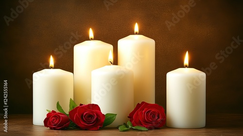 Lit candles, roses, dark background, sympathy card