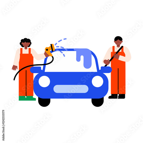 Two characters washing car, flat style icon 
