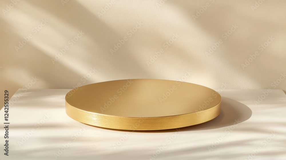 Single round gold-foiled platform on a minimalist beige background providing a simple yet elegant product display surface Single round gold-foiled platform on a minimalist beige background providing a simple yet elegant product display surface