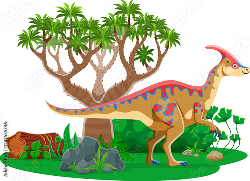 Cartoon parasaurolophus dinosaur character. Prehistoric reptile funny cute vector personage, Jurassic era animal or extinct lizard comic mascot. Paleontology dinosaur happy character in forest