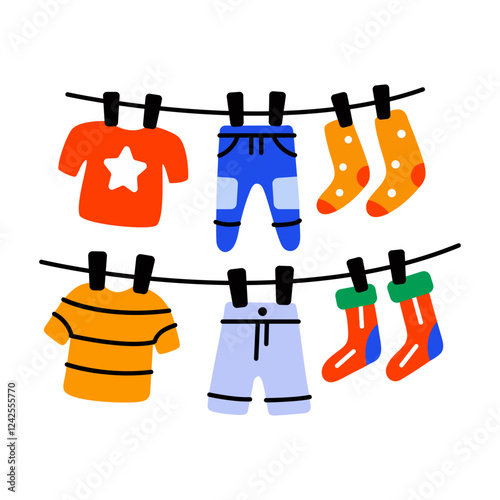 A flat style icon of hanging clothes on clothesline 
