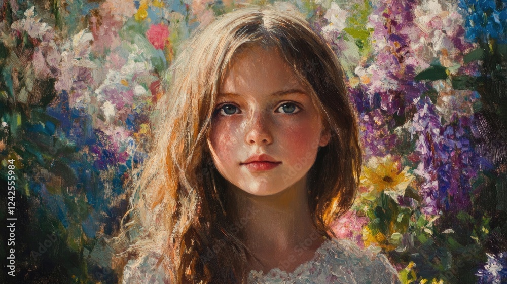 Girl with long hair in a vibrant garden filled with colorful flowers, soft natural light, showcasing innocence and childhood beauty. Girl with long hair in a vibrant garden filled with colorful flowers, soft natural light, showcasing innocence and childhood beauty.