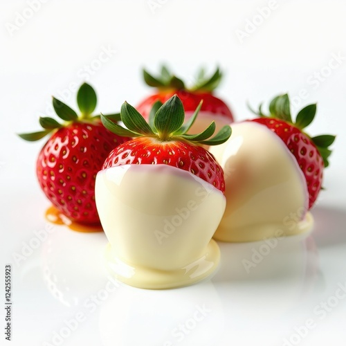 Glistening White Chocolate Covered Strawberries Against a Pure White Background photo