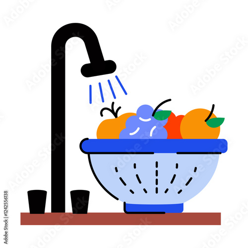 Washing fruits under sink tap, flat style icon 
