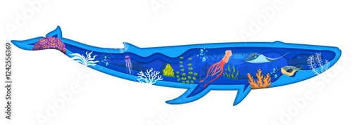 Whale silhouette with underwater landscape. Underwater deep wildlife 3d vector wallpaper, sea aquatic life scene or marine water world paper cut landscape with squid, manta ray, jellyfish, seaweeds