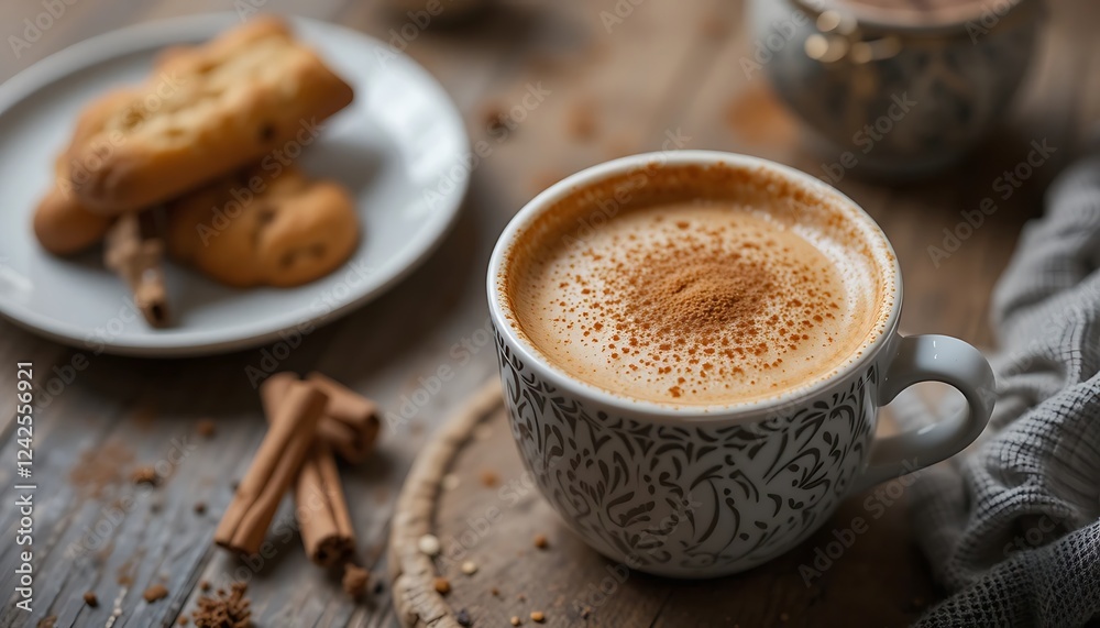 Close-up of a delicious cup of creamy spiced latte with cinnamon sprinkled on top, accompanied by freshly baked cookies and cinnamon sticks on a rustic wooden table. Close-up of a delicious cup of creamy spiced latte with cinnamon sprinkled on top, accompanied by freshly baked cookies and cinnamon sticks on a rustic wooden table.
