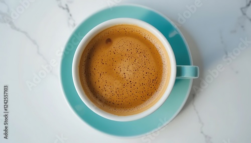 Overhead close-up shot of a cup of coffee with crema on a teal saucer on a marble table