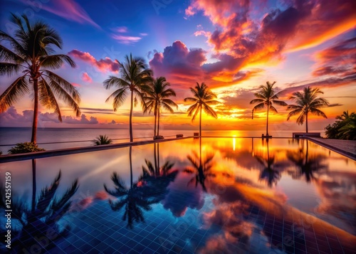 Tropical paradise's infinity pool at sunset; starry sky, calm waters, ultimate luxury.
