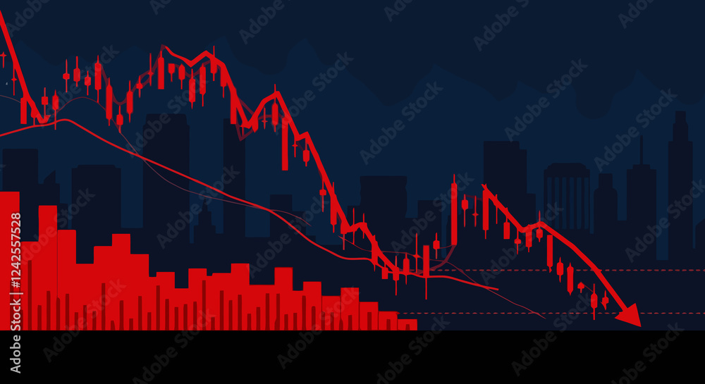Naklejka premium Stock market crash recession. This image shows a declining stock market graph with red candlesticks and bars. Vector illustration design.